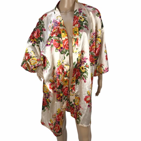 Sweaters - Nude Multicolored Floral Printed Satin Long Cardigan Duster Kimono Robe Size L